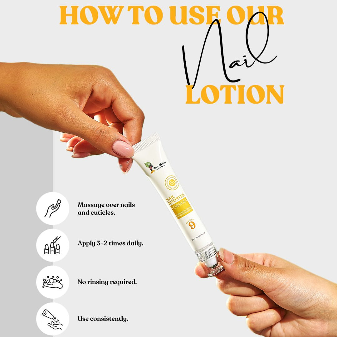 Nail lotion tube with instructions on how to use it, held by two hands against a light gray background.