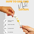 Nail lotion tube with instructions on how to use it, held by two hands against a light gray background.